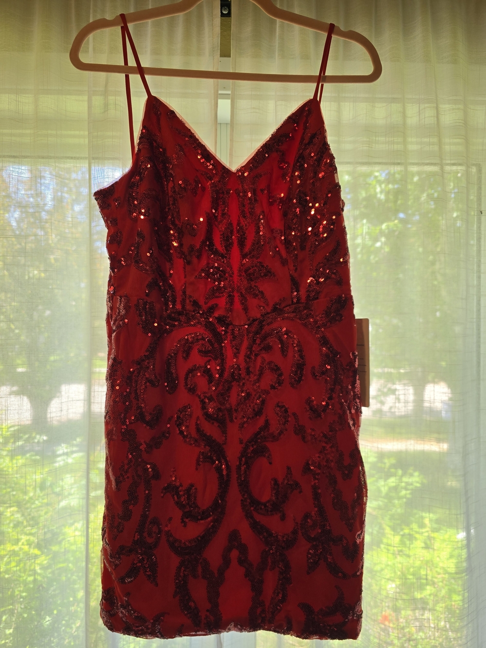 NWT Vibrant Red Sequin Damask Prom Party Dress – Spaghetti Strap Mini